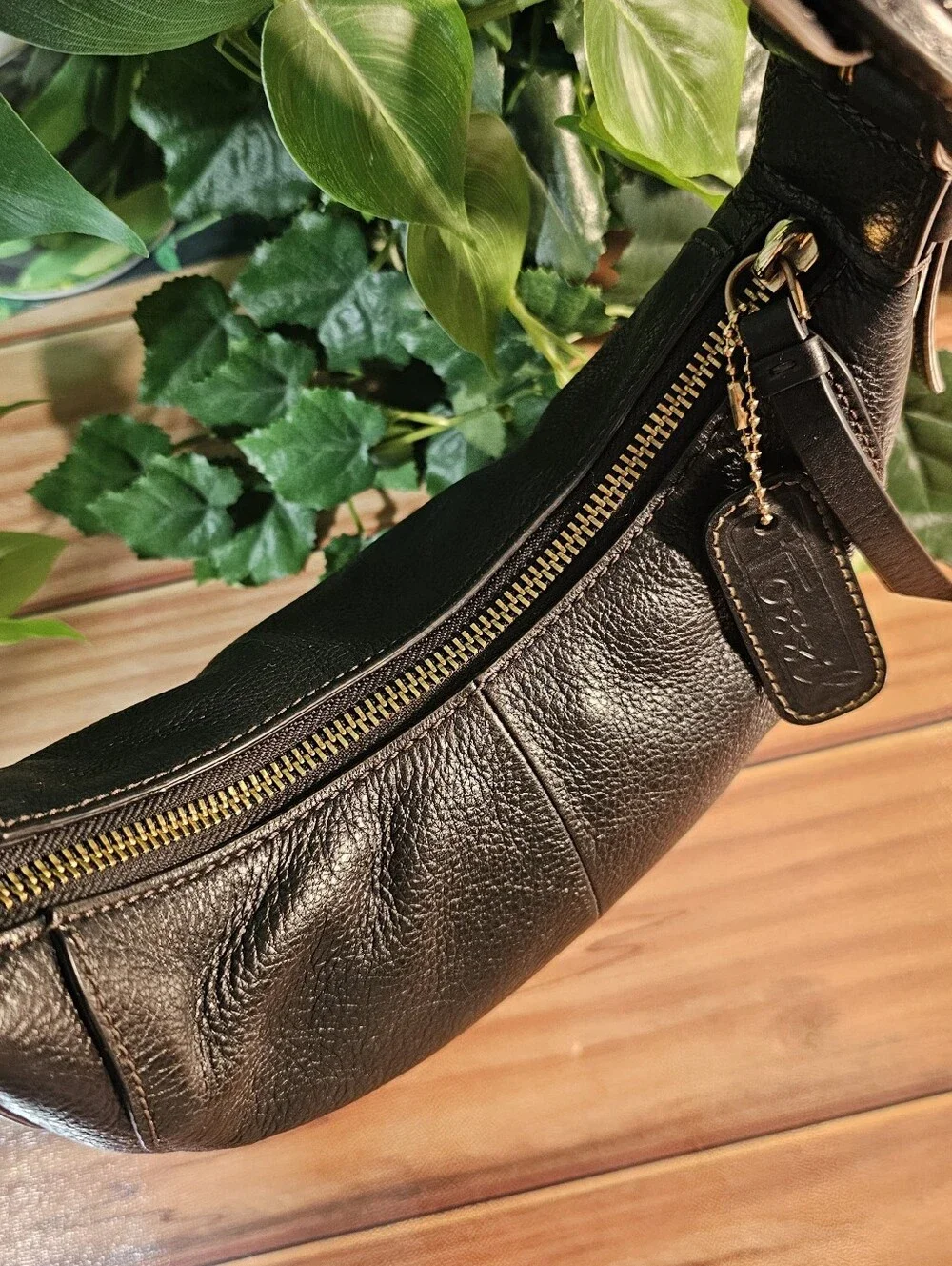 Rare Fossil Black Cowhide Leather Crescent Shoulder Bag Brass Hardware